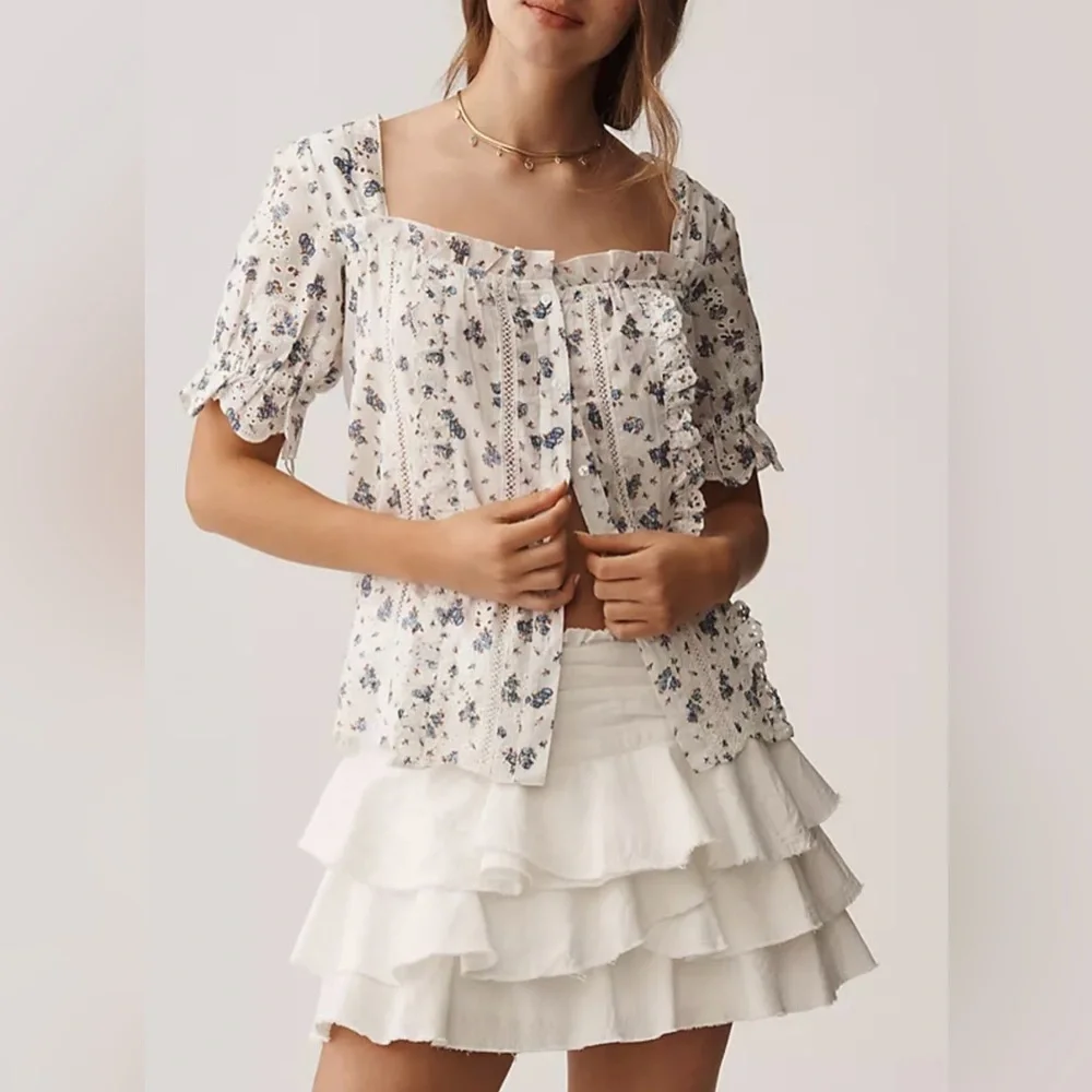 NWT By Anthropologie Puff-Sleeve Eyelet Top size LP Ivory Blue Floral Print Boho